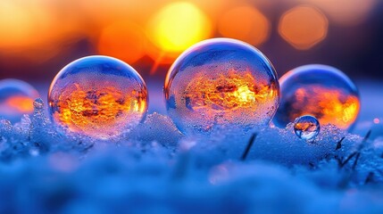 Wall Mural -   A cluster of transparent orbs resting atop a frosty surface adjacent to a vibrant orange and yellow illumination source