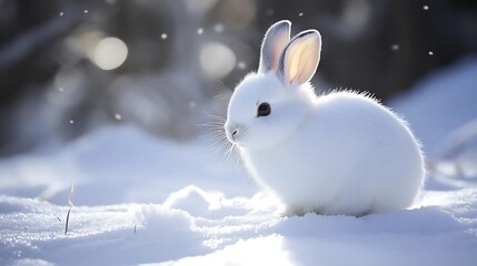 Wall Mural - A small white rabbit sits in the snow, with a soft, fluffy coat and long ears. The sun shines through the trees, creating a sparkling effect in the background.