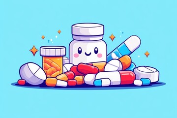 Sticker - Playful and vibrant illustration of a pill bottle with happy expressions surrounded by floating capsules and hearts symbolizing love and positivity in healthcare and medication