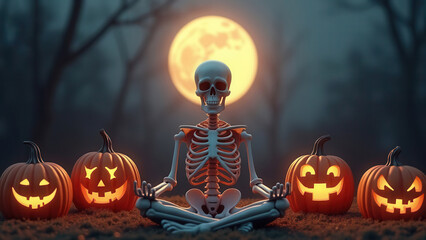 Happy halloween skeleton meditating