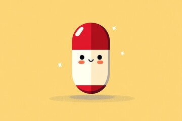 Sticker - Minimalistic illustration of a single red and white pill character with a smiling face set against a beige background symbolizing simplicity and effectiveness in healthcare