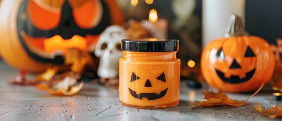 Poster - Bright orange candle in a Halloween-themed setting with pumpkins