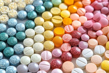 Sticker - Dynamic and vibrant pattern of multicolored pills and capsules arranged neatly on a bright background symbolizing the diversity and importance of medication in healthcare