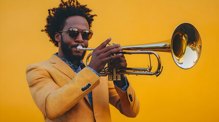 A stylish man playing the trumpet in front of a bold yellow background, showcasing modern fashion and musical expression.
