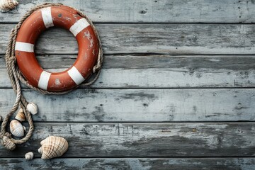 a vintage life preserver rests on a weathered wooden deck, surrounded by seashells, capturing the es