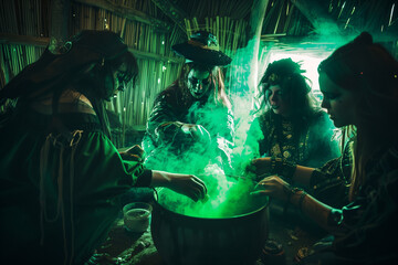 Wall Mural - Witches making a potion in a secluded cabin, creating a sinister green brew filled with dark magic