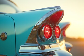 Gleaming classic car tail lights shine brightly as the sun sets, highlighting their vintage design and vibrant colors in a warm evening glow