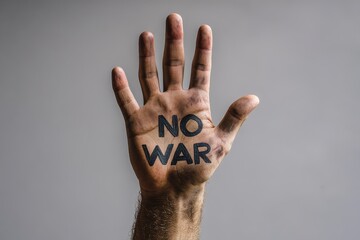 A man's hand with palm facing the camera shows the strong message NO WAR written in bold lettering, conveying a powerful statement during a peaceful protest