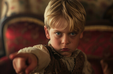 Wall Mural - A young boy with blonde hair and blue eyes, wearing an old suit, pointing at the camera in anger