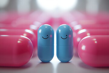 Sticker - Charming and minimalistic close up of two capsule characters with happy faces set against a soft background symbolizing simplicity and positivity in healthcare