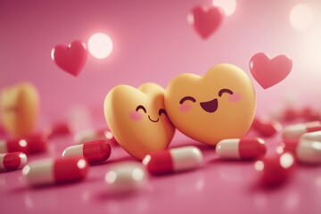 Sticker - Charming and playful illustration of two heart shaped pill characters with smiling faces set against a pink background symbolizing love and care in healthcare