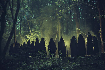 Coven in the woods performs forbidden rituals at night, summoning dark forces in a haunted forest