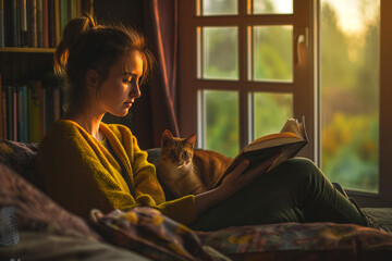 Young woman reading a book by the window with a cat, warm and cozy evening light