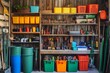 © Elmira - A well-organized tool shed features neatly arranged gardening tools and colorful bins for efficient storage and easy access