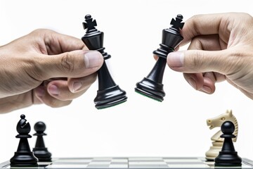 Two hands holding black and white chess pieces