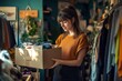 © Elmira - A young woman stands in a boutique, holding a box filled with clothing while surrounded by racks of stylish garments and vibrant decor