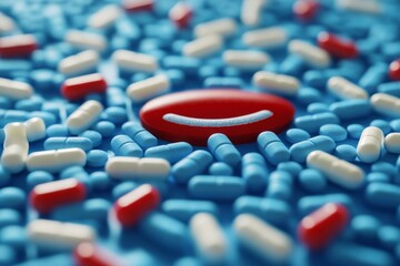 Poster - Dynamic and vibrant close up of a sea of blue and white capsules with a single red smiling one standing out symbolizing individuality and positivity in healthcare