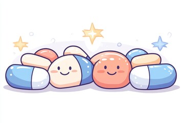 Poster - Charming and minimalistic illustration of smiling capsule characters lying on a soft background symbolizing comfort and simplicity in healthcare