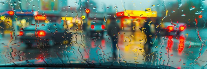 Poster - Autumn raindrops on a car windshield with blurred shapes at a gas station.