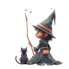 Whimsical witch character with a hat and staff sitting beside a black cat, both gazing at fluttering butterflies.