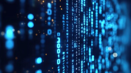 3D illustration of a dark blue blurred backdrop featuring computer binary code with a data center depth of field effect