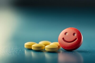 Poster - Playful and vibrant close up of a red smiley pill set against a dark background symbolizing positivity and focus in healthcare