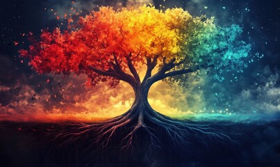 Wall Mural - a colorful tree with roots that are also colorful. the tree is surrounded by a blue sky and a cloudy