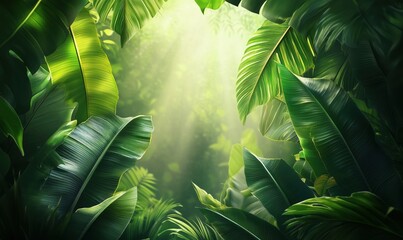 Wall Mural - a lush green jungle with a bright sun shining through the leaves