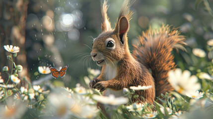 Wall Mural - A cute cartoon squirrel with big eyes and fluffy fur, standing on its hind legs in the forest surrounded by green grass and colorful flowers.