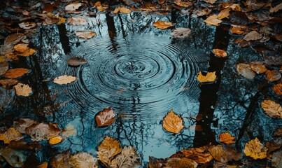 Wall Mural - a pond with ripples in the water and leaves floating on top. the leaves are orange and yellow, and t