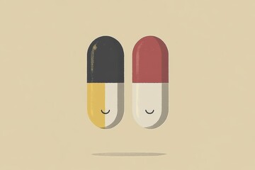 Poster - Minimalistic and cheerful illustration of a pair of capsules with happy faces set against a neutral background symbolizing simplicity and unity in healthcare