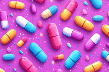 Sticker - Playful and Vibrant Cartoon Pills Scattered on a Bright Background Representing the Fun and Dynamic Side of Healthcare