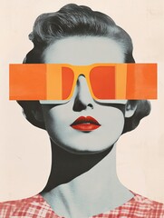 a stylized portrait of a woman with oversized, colorful sunglasses and bold red lips, showcasing ret