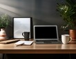© Daniel - A stylish home office setup with a laptop, notebook, and coffee mug on a sleek desk, emphas