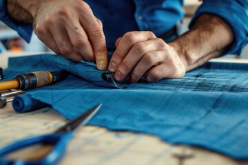 Poster - A person sitting at a table with a piece of blue fabric and sewing