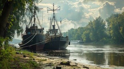 Poster - Two boats resting on the riverbank, serene atmosphere