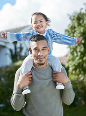 Canvas Print - Happy dad, portrait and shoulder with baby for bonding, love or support on outdoor walk or holiday in neighborhood. Father carrying kid or child flying with smile for weekend quality time in nature