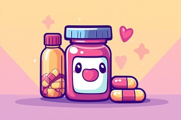 Poster - Cute pill bottle with a heart and various pills representing love and care in healthcare depicted in a vibrant and playful illustration full of warmth and affection