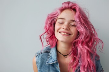 Poster - Woman with pink hair wearing a denim vest, simple background