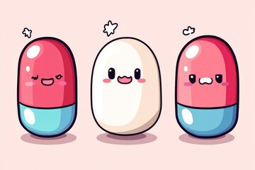 Poster - Cute and smiling pill characters in pink and blue capsules representing friendship and happiness in health and medicine through a joyful and minimalistic design