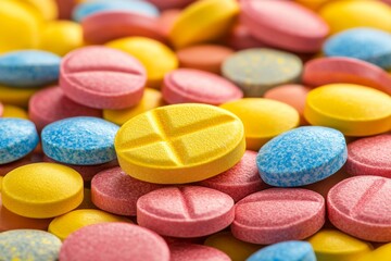 Sticker - Close up of colorful tablets with different shapes and textures emphasizing the diversity and vibrancy in healthcare and medication