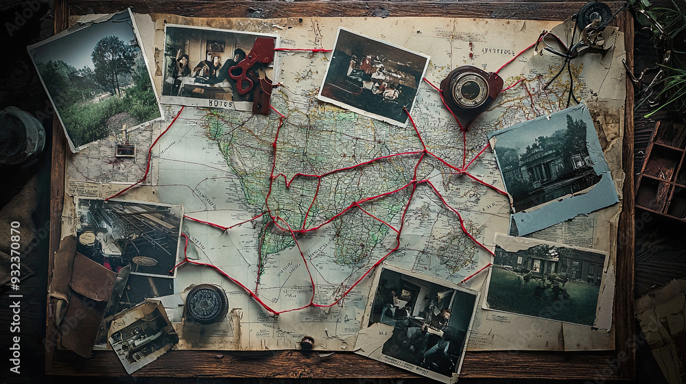 Detective Board with Fingerprints, Photos, Map, and Clues Connected by ...