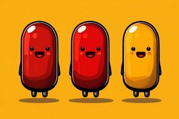 Poster - Three pill characters in red black and yellow with smiling faces standing side by side symbolizing diversity and unity in health and well being through a fun and playful design