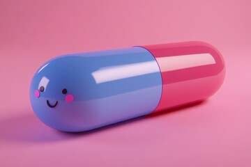 Two toned pill with a smiling face on a pink background representing health happiness and simplicity in a modern and minimalistic design