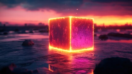 Canvas Print - Glowing Cube On Water At Sunset