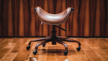 Canvas Print - A brown leather office chair with wheels on a wooden floor, AI