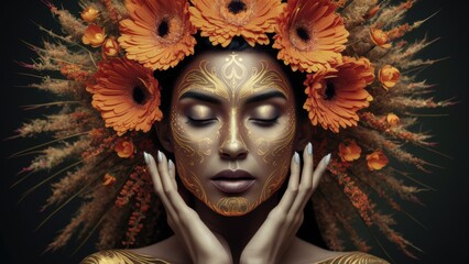 Poster - A woman with gold face paint and flowers on her head, AI