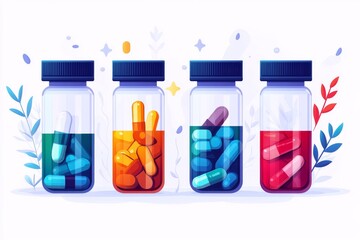 Sticker - Collection of glass pill bottles filled with colorful capsules on a white background symbolizing health care and organization in a clean and bright design