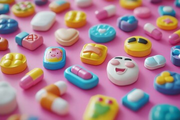 Sticker - Assorted colorful pills with smiling faces on a pink background representing positivity health and happiness in a playful and cheerful design