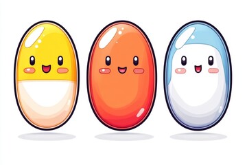 Sticker - Three colorful pill characters with smiling faces on a white background representing health happiness and diversity in a simple and cheerful design